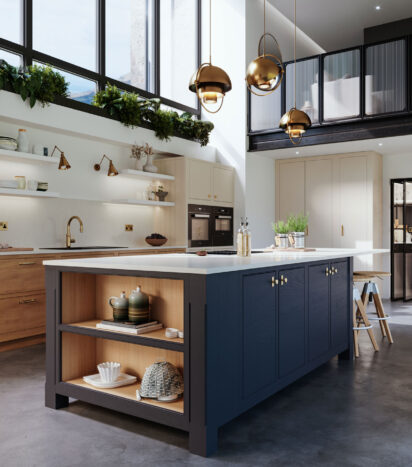 Kitchen with blue island with cooking area and wooden brown cleaning area.