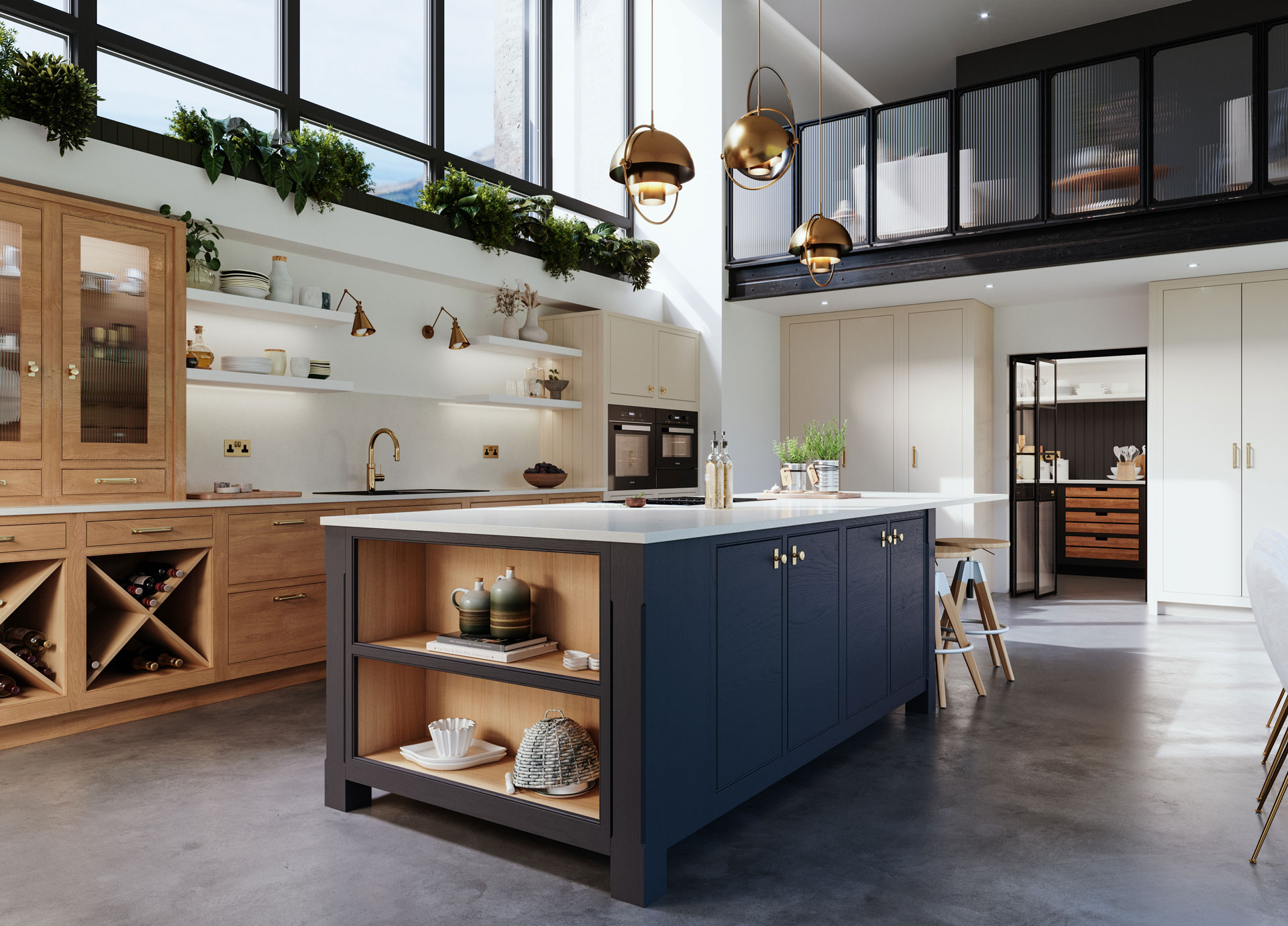 Kitchen with blue island with cooking area and wooden brown cleaning area.