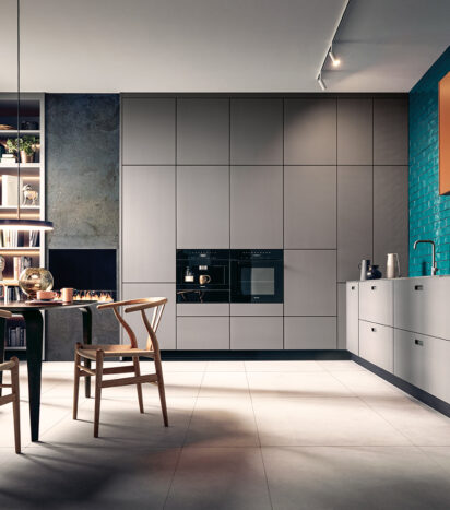 Spacious kitchen with gray cupboards