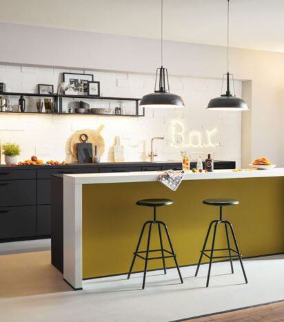 Front view with bar island and stools