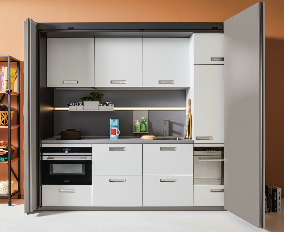 Compact kitchenette front open door view
