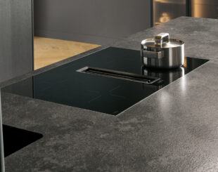 black kitchen worktop and hob