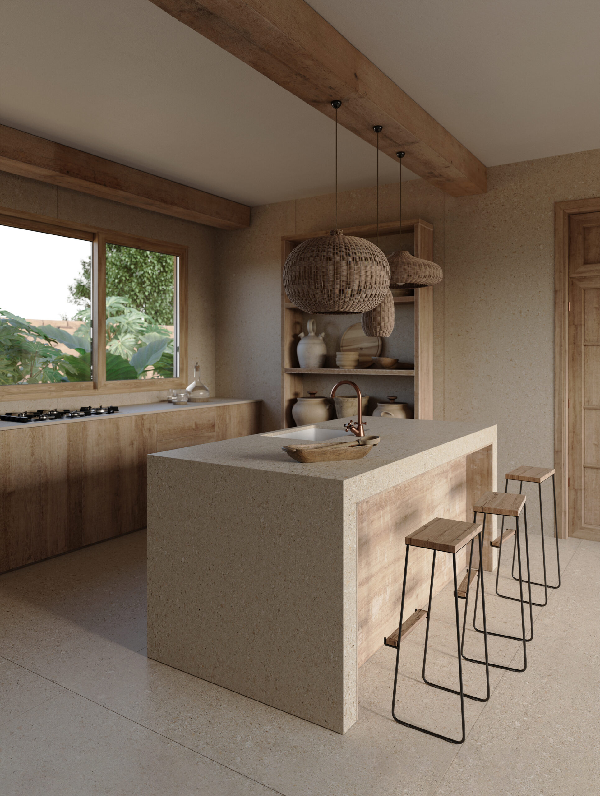 Kitchen island with cream kitchen worktop resembling Avorio stone