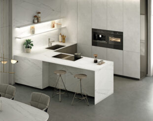 White Kitchen Worktop with brown veins.