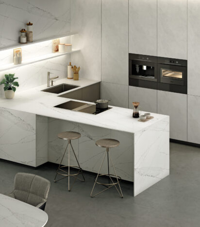 White Kitchen Worktop with brown veins.