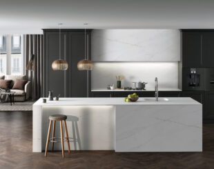 White Kitchen countertop with gold veining.