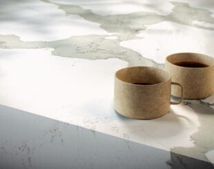 Details of White Quartz Worktop with Golden Highlights