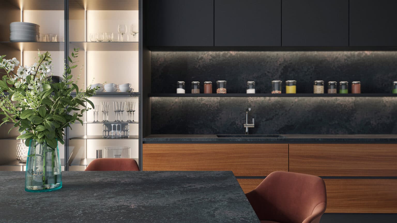 Black Quartz Worktop on Full Kitchen with Wooden Cupboards