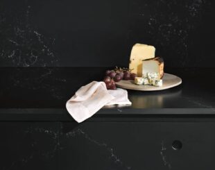 Details of Dark Black Quartz Countertop With White Veins