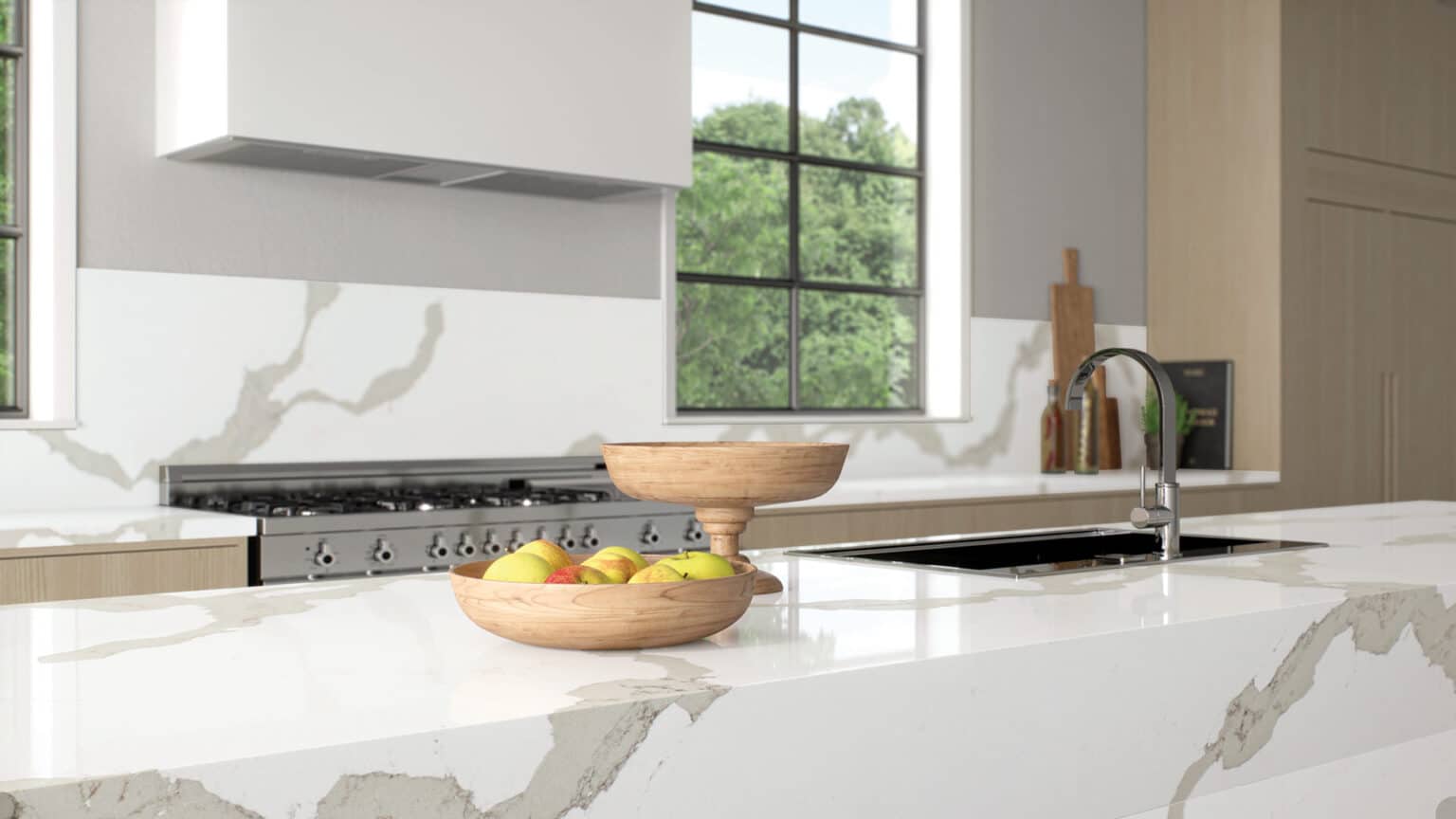 White Quartz Worktop with Golden Lines on Kitchen Surfaces
