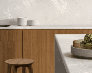 Icy White Quartz Kitchen Worktop with Concrete Effect