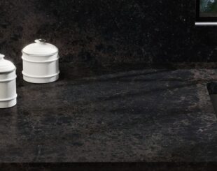 Details of Black Quartz Worktop with White Spots and Sediments