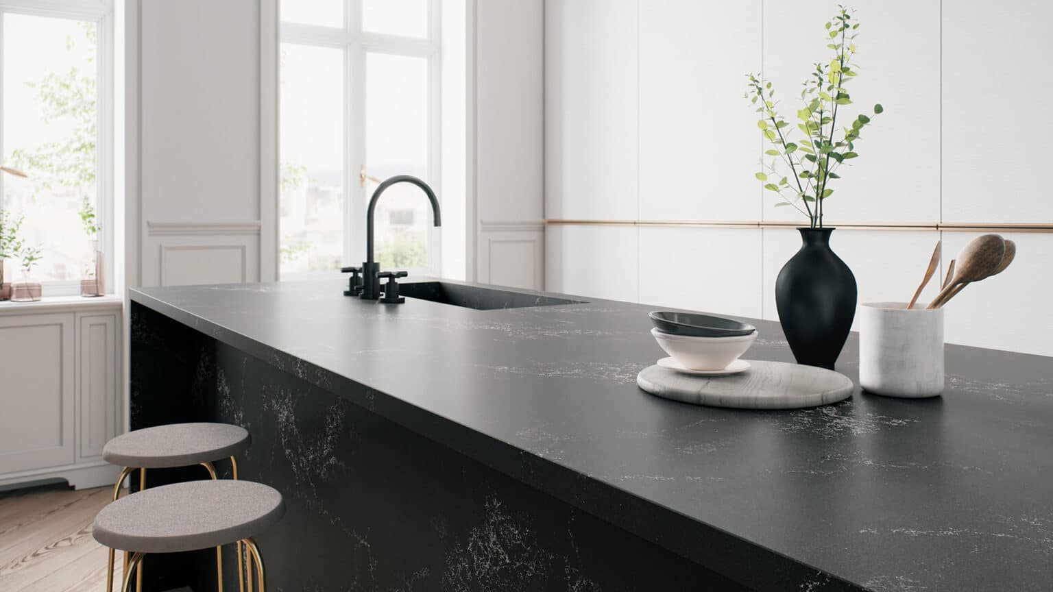 Black Quartz Worktop with White Veins on Kitchen Island