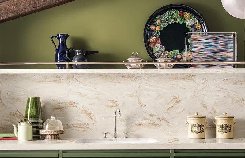 Seaside-Inspired Natural Kitchen Worktop on Dark Green Kitchen