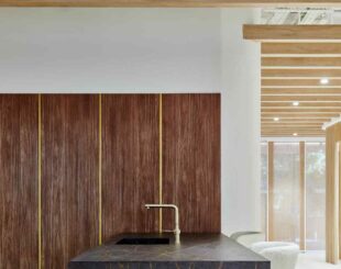 Black kitchen worktop with gold veins on kitchen island