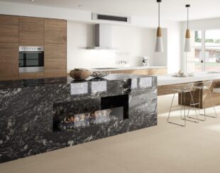 Black Kitchen Worktop with White and Gold Veins