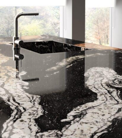 Details Black Granite Worktop with White and Gold Finishes