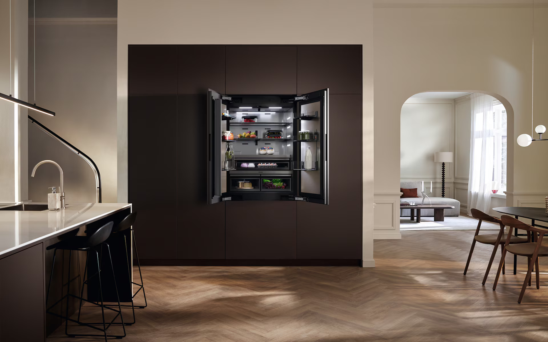 French Style Built In Fridge Freezer in Kitchen