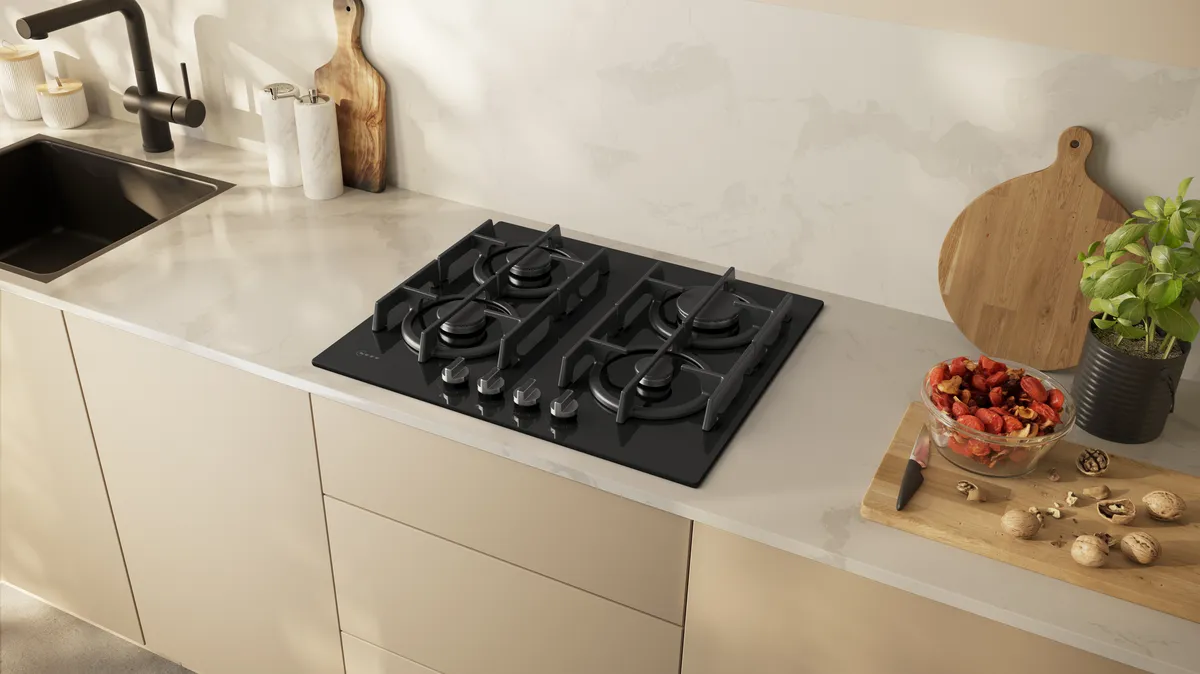 Kitchen with Black Glass 4 burners Gas Hob
