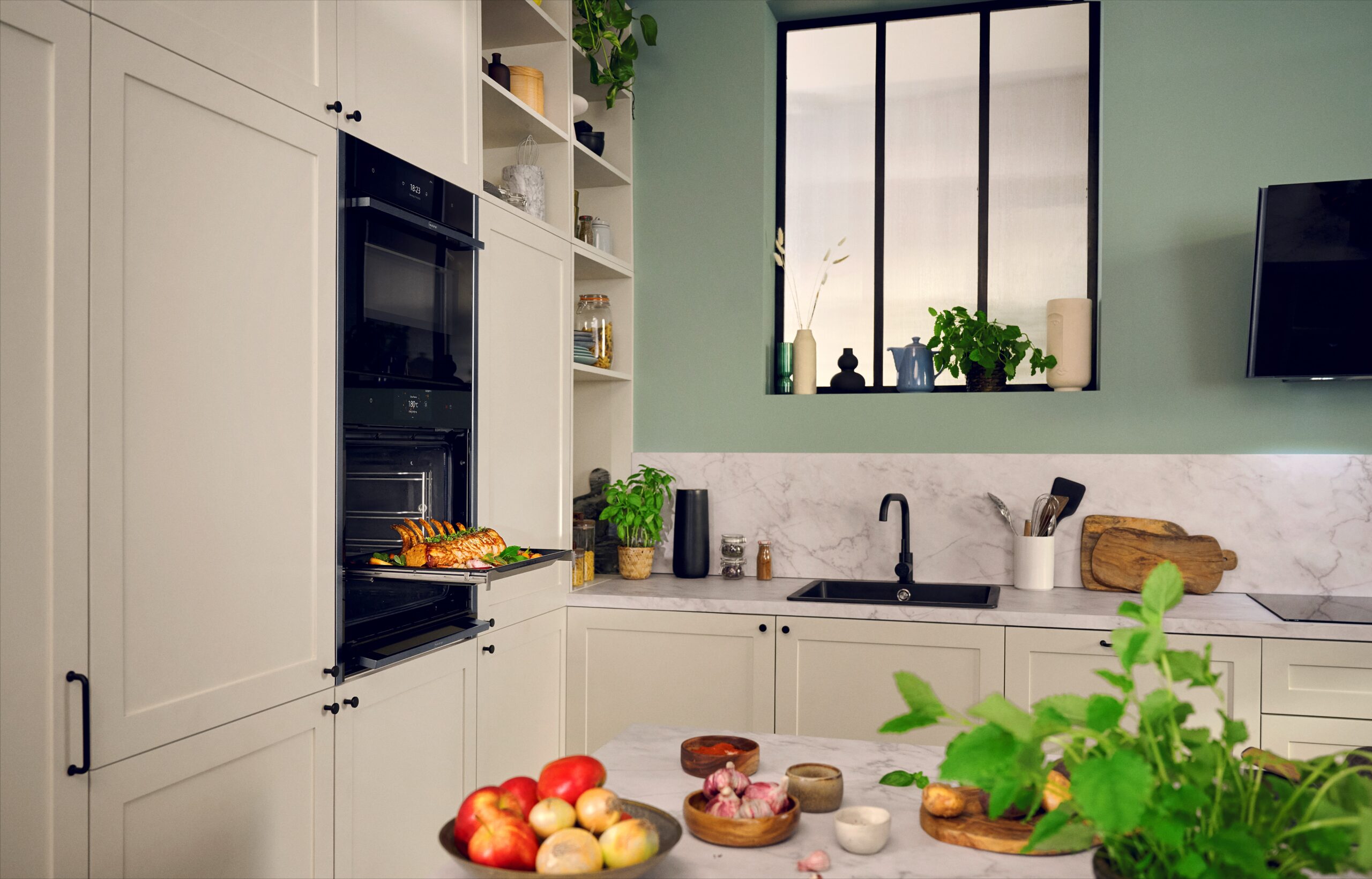 Double Oven with Slide and Hide Door and one Oven Open